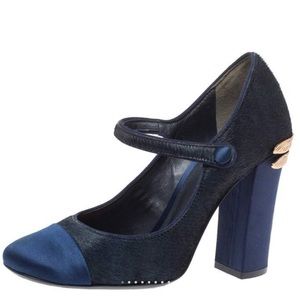 Tory Burch Navy Blue Calf Hair and Satin Dragon Fly Heel Mary Jane Pumps